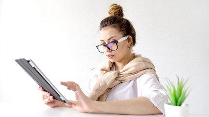 attractive, beautiful, business, businesswoman, caucasian, communication, computer, coronavirus, covid-19, distance, distance education, education, female, girl, glasses, happy, hipster, home, interne