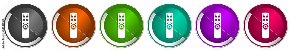 Poster Tv remote control icon set, television silver metallic chrome border vector web buttons in 6 colors options for webdesign
