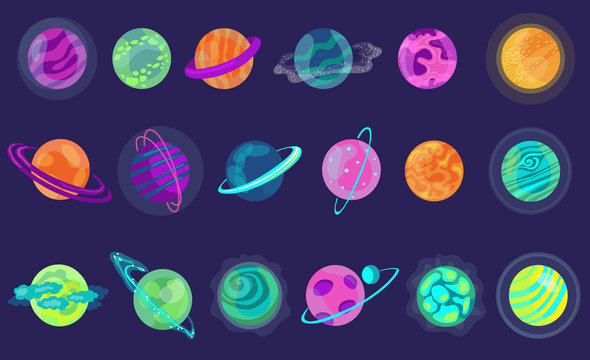 Colorful cartoon planets flat icon kit. Fantasy abstract space objects vector illustration collection. Cosmic shapes for mobile and computer games