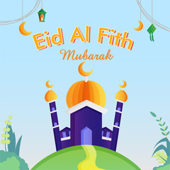 Illustration of eid al fitr Background.  Muslim People and Islamic Ramadan Ornament.Vector Islamic Background and Mosque.