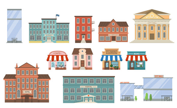 City buildings flat icon collection. School, bank, shop, apartments, office center, hospital, hotel, library, mall and city hall front view vector illustration set. Exterior and facade concept