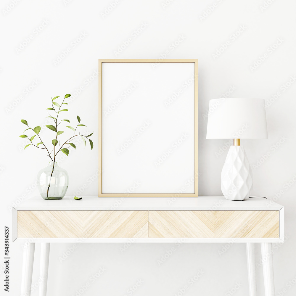 Poster interior poster mockup with vertical gold metal frame on the console table with green tree branch in