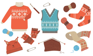 Knitted winter and autumn seasonal clothes flat icon kit. Woolen sweater, scarf, hat and socks isolated vector illustration collection. Handmade fashion and hobby concept
