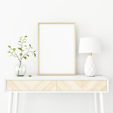 Interior poster mockup with vertical gold metal frame on the console table with green tree branch in vase and  lamp on empty white wall background. A4, A3 size format. 3D rendering, illustration.