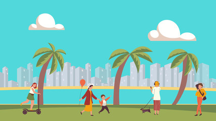 Fototapeta na wymiar Different people walking together in park on the river bank, on the modern city backround, outdoor, vector illustration. People gathering city urban park and relaxing. Community and lifestyle concept