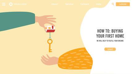 Cartoon banner of agent hand giving home keys in the other hand, vector illustration. Selling and buying house real estate business concept in flat style. sell house icon, purchase property