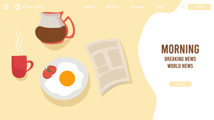 Cartoon banners about traditional english breakfast on table hot tea or coffee, fried eggs and tomatoes on plate and newspaper, characters vector illustration. Fresh meal food in morning menu