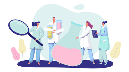 Cartoon medical staff in the laboratory clinic produce and ponder new drugs for complex diseases, work with test tubes, flask magnifier and tablet record result, isolated on white, illustration vector