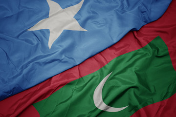 waving colorful flag of maldives and national flag of somalia.