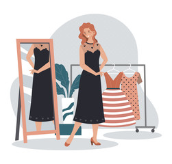 Woman trying on new dress in fashion store fitting room, beautiful girl looking in mirror, vector illustration. Happy female cartoon character in elegant clothes, choosing evening outfit appearance