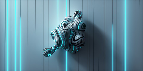 Abstract 3d render Background minimal, striped liquid mesh with neon lines on white