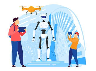 Android robot, people control futuristic technologies with modern gadgets, vector illustration. Flying drone and innovative devices, man cartoon character, boy with smartphone. Artificial intelligence