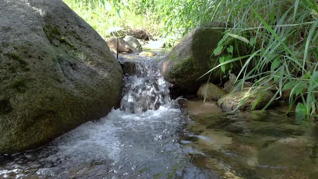 Closeup video of a tiny creek with small amount of pure mountain running water over soil and autumn foliage. 4K viedo Tropical areas in southern Thailand.