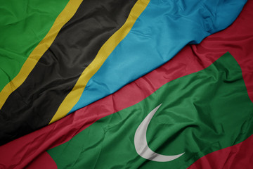waving colorful flag of maldives and national flag of tanzania.