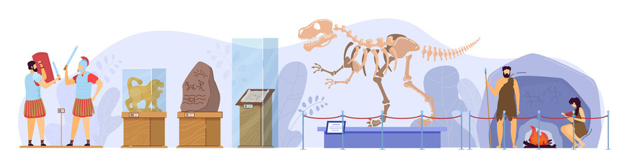 History museum exhibition, archaeological artifacts, dinosaur skeleton and caveman people vector illustration. Human civilization from Stone age to Roman legionaries. Preserved ancient manuscript