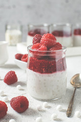 Vegan tapioca pearls pudding with plant based milk and raspberries