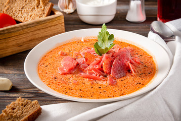 1 white plate of russian  borscht with parsley and sour cream ,  spoon, pieces of bread