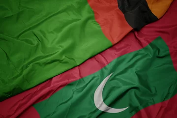Poster waving colorful flag of maldives and national flag of zambia. © luzitanija