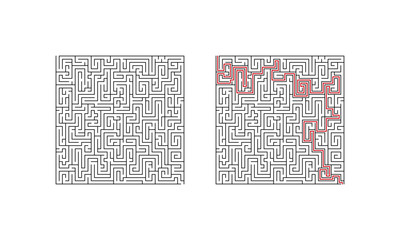Complecated labyrinth maze game. Difficult puzzle with solution isolated on white background. Vector illustration.