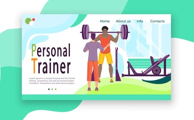 Workout with personal trainer, gym website design, vector illustration. Exercise program in fitness center, man lifting barbell, training with professional coach. Personal workout program gym people