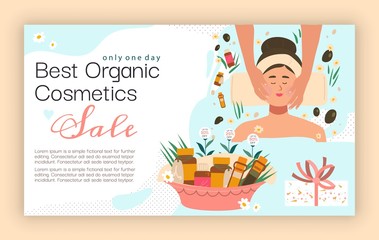 Natural organic cosmetics sale, woman beauty products advertisement, vector illustration. Organic cosmetics, skincare mask and facial cream. Wellness spa products from natural ingredients for women