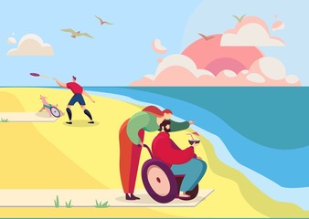 Fototapeta na wymiar Rehabilitation at seaside resort for disabled people, vector illustration. Man in wheelchair on ocean beach with assistant. Healthcare recreation center for disabled people, rehabilitation resort