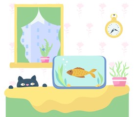 Cat watching fish in aquarium, funny cartoon character, vector illustration. House pet animals in living room, cute cat looking at aquarium fish. Cozy apartment in flat cartoon style, pets in room