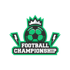 Soccer championship logo, poster. Soccer logo template with thunderbolts, soccer ball and crown icons. Label, badge, poster, logo design. Vector illustration