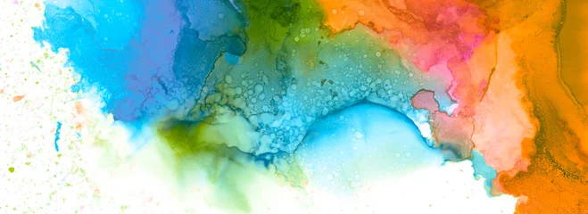 Foto op Plexiglas Kunst Abstracte verf vlekken achtergrond. Alcohol inkt blauwe kleuren. Marmeren textuur. Horizontale lange banner. © Liliia