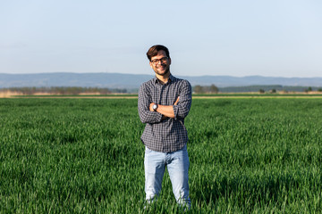 Naklejka na ściany i meble Portrait of farmer standing in young wheat field examining crop.