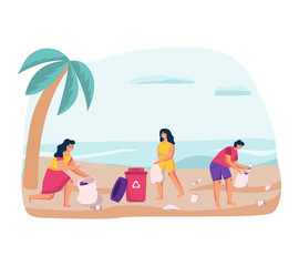 People characters clean beach from plastic concept and vector illustration on white background. Female and male sorting and cleaning of garbage from planet. Save planet from trash. Flat style.