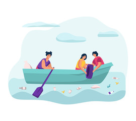 People recycle rubbish in sea, lake concept and vector illustration on white background. Male, female characters sorting and cleaning of garbage. Save water area from trash. Flat style.