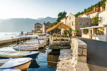 Fototapeta na wymiar Sunset view of Kotor bay from beautiful town Perast, Montenegro.