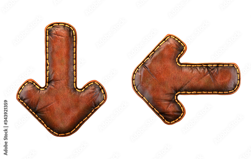 Fototapete set of symbols arrow to down and left arrow made of leather. 3d render font with skin texture isolat