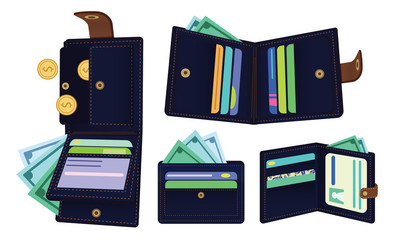 Set of 4 Wallet illustrations with cash, coins and cards. Trendy flat design. Vector illustration