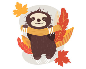 Sloth sitting on tree branch with orange leaves, cool autumn weather concept and vector illustration on white background. Cheerful and joyful animal character sloth, sluggard. Cosy cartoon style.