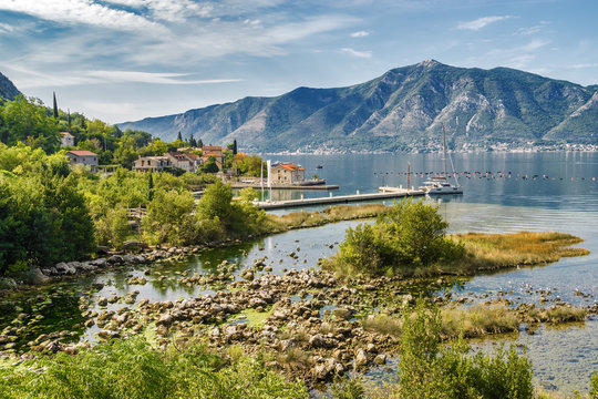 Sunny view of beautiful village Orahovac on Kotor Bay, Montenegro.