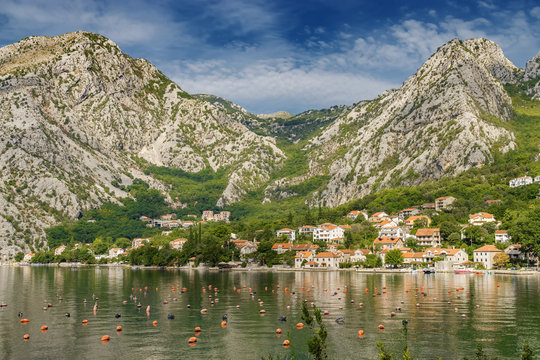 Sunny view of beautiful village Orahovac on Kotor Bay, Montenegro.