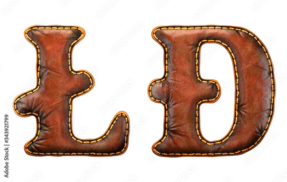 Fototapete set of symbols litecoin and dashcoin made of leather. 3d render font with skin texture isolated on w