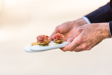 Obraz na płótnie Canvas Waiter serving appetizers and finger food