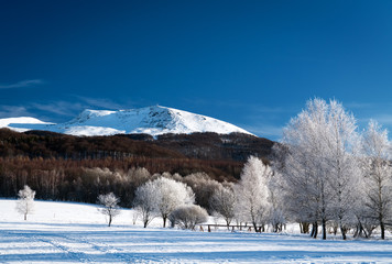 Frosty winter morning in the mountains. View of Tarnica - the highest peak of the Bieszczady Mountains in Poland (1,346 m a.s.l.). Bieszczady National Park, Subcarpathian Voivodeship. © Zbigniew