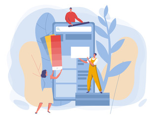 Creative web team development building web page concept and vector illustration on white background. Development by characters male and female design web site. Flat style.