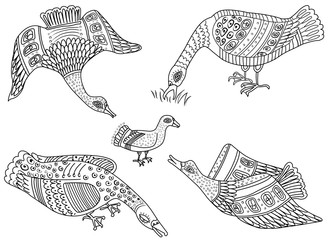 Ethnic decorative style, wild duck, ethnic Ukrainian style,  ornament of Carpathian motifs stylized