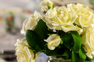 Waiting for a lunch in a hot day of August. The detail of a bouquet of white roses and its petals on the background of a set table.