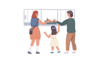 Woman give to child and mother a cat concept and vector illustration on white background. Male and female characters. Animal nursery, help for abandoned pets, cages with cats. Flat style.