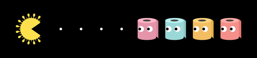 Coronavirus eats rolls of colored toilet paper. Analog of the Retro video game with ghosts, arcade. Concept of the game with coronavirus. Vector stock flat illustration.