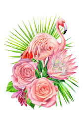 Summer composition of flowers protea, roses, palm leaves flamingo birds, isolated background, watercolor drawings. Tropical design. 