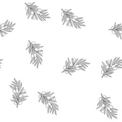 Fototapeta premium Olive branch seamless pattern background sketch engraving vector illustration. T-shirt apparel print design. Scratch board imitation. Black and white hand drawn image.
