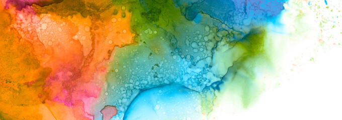 Art Abstract paint blots background. Alcohol ink colors. Marble texture. Horizontal long banner.