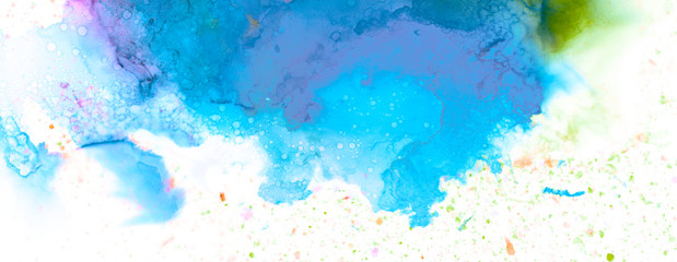 Art Abstract paint blots background. Alcohol ink blue colors. Marble texture. Horizontal long banner.